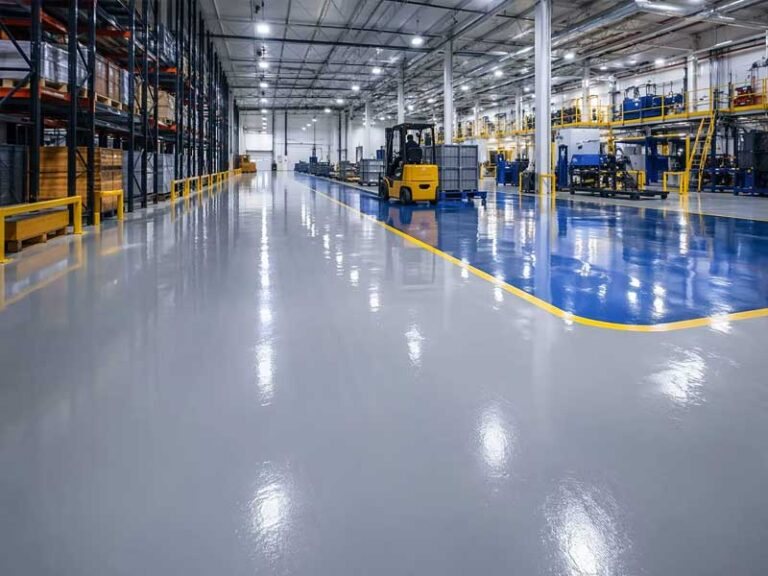 Fabrika içinde uygulanmış gri epoksi zemin kaplama